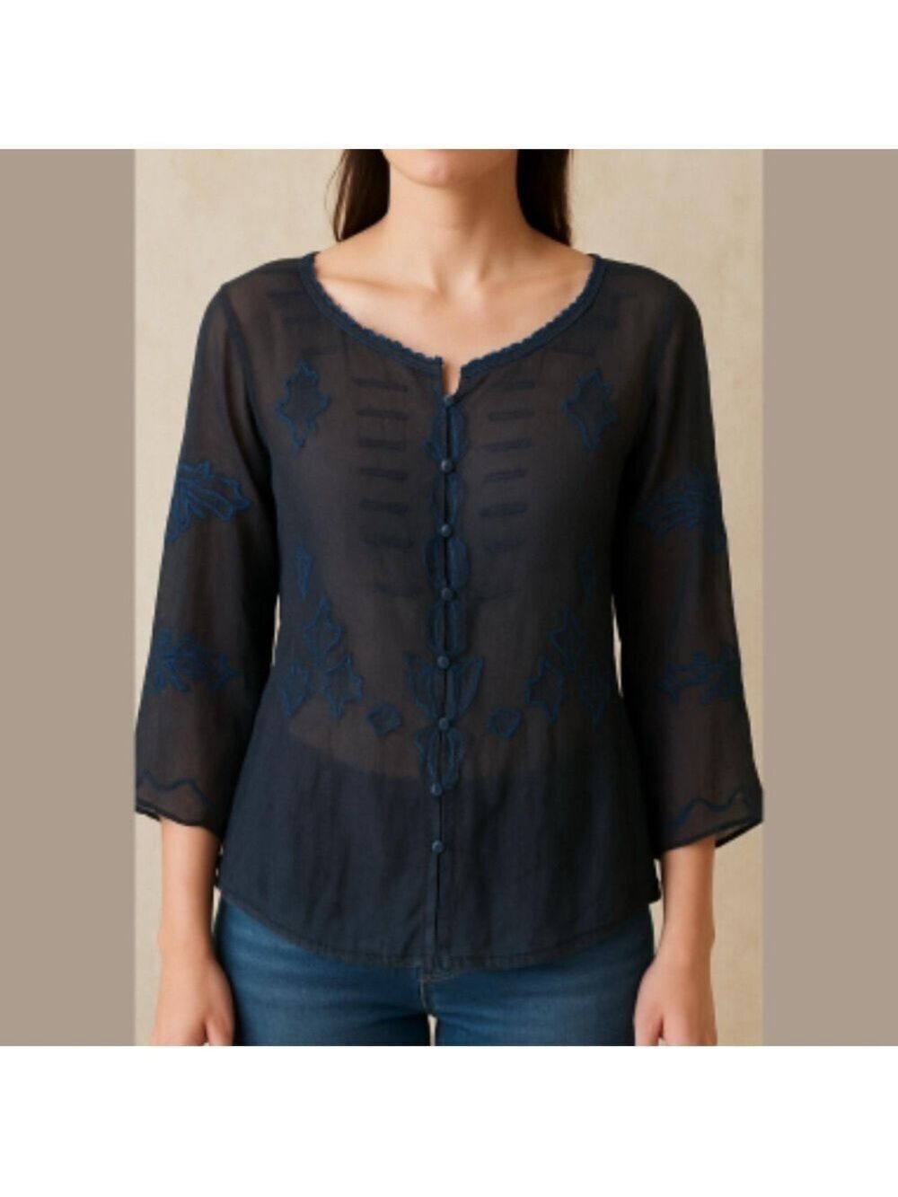 Free People Y2K Cotton Embroidered sheer top blouse front button shirt Navy M